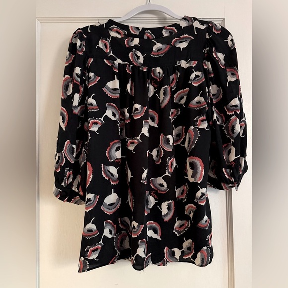 Milly Silk Floral Poppy Print Puff Sleeve Black Red Button Down Blouse Shirt Top - Picture 6 of 8